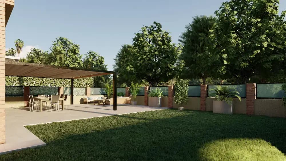 Diseño 3D de terraza exterior con materiales y distribución validados