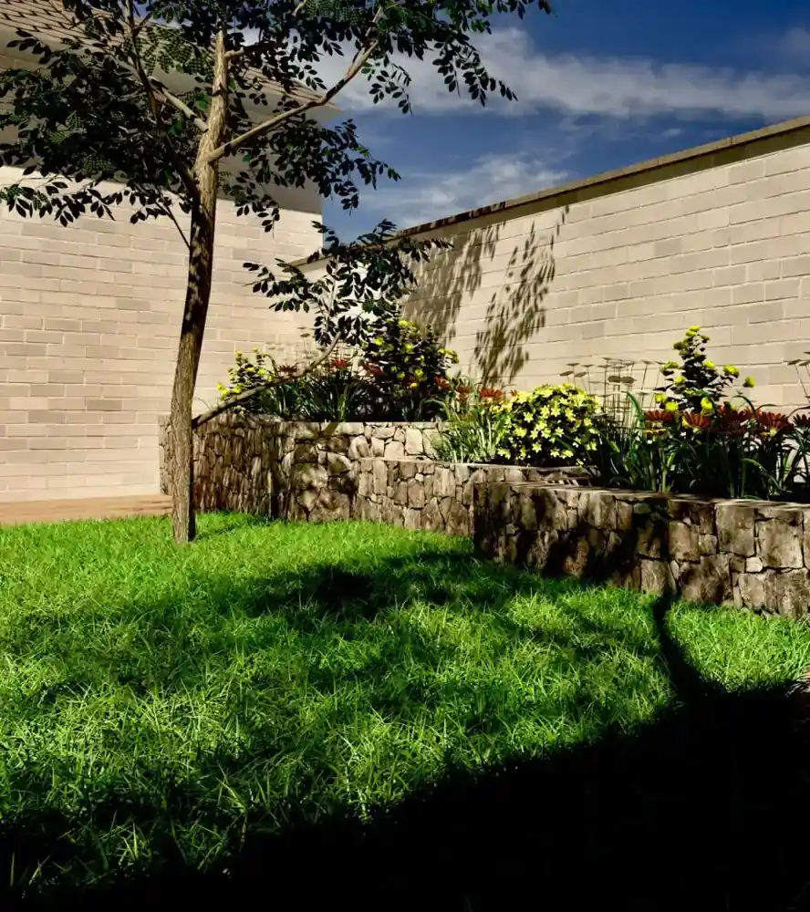 Visualización 3D de jardín residencial antes de su construcción