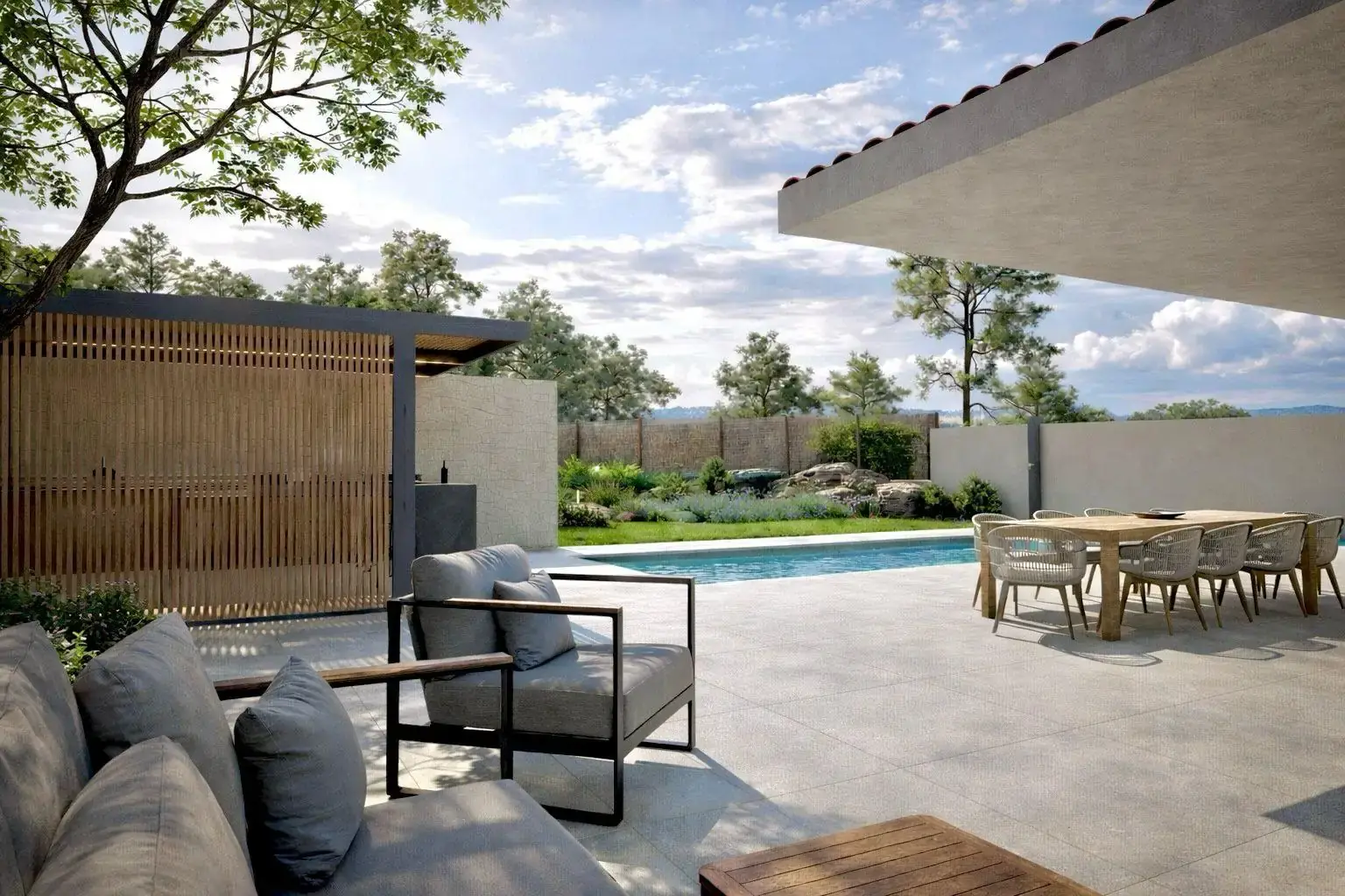 Render 3D de jardin con piscina, comedor exterior y zona lounge
