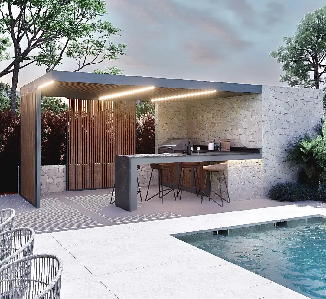 Render 3D de cocina exterior cubierta junto a piscina
