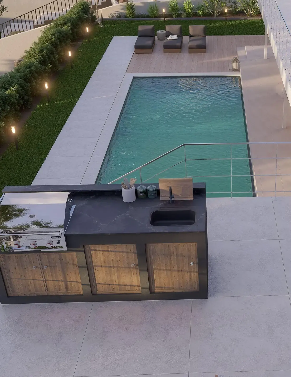 Vista cenital 3D de piscina con cocina exterior y pavimento continuo