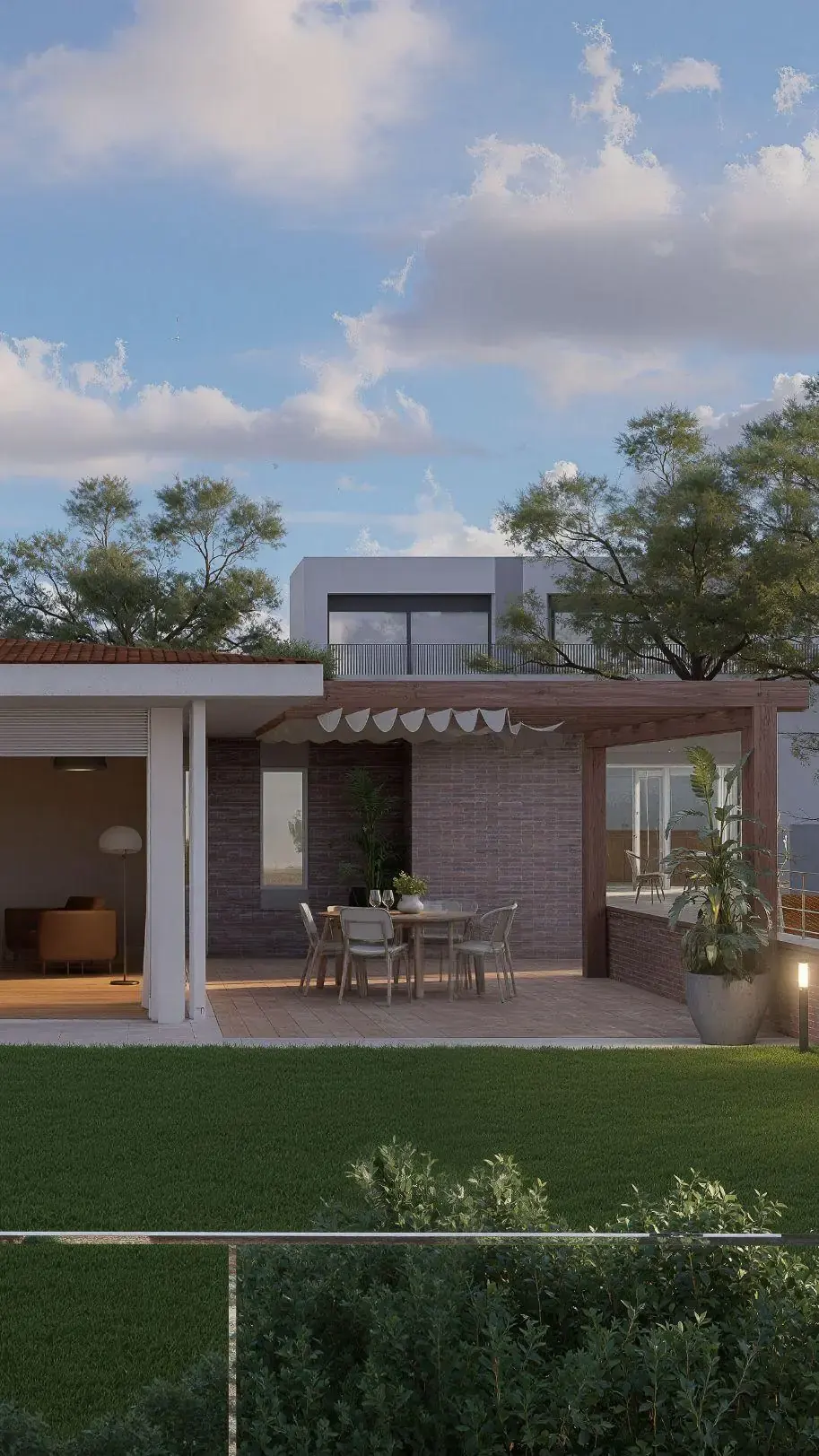 Render 3D de terraza cubierta con comedor exterior y vegetacion