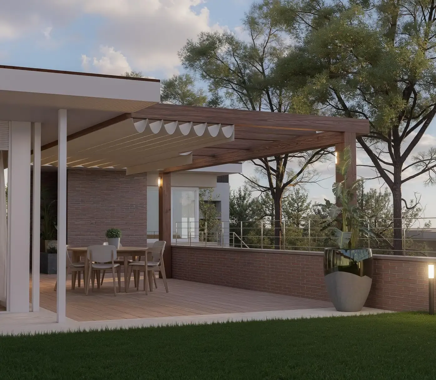 Render 3D de pergola con comedor exterior y jardin
