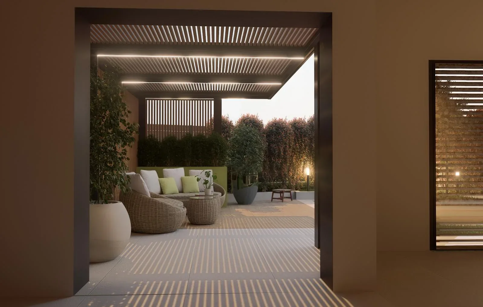 Render 3D nocturno de porche con lounge e iluminacion lineal