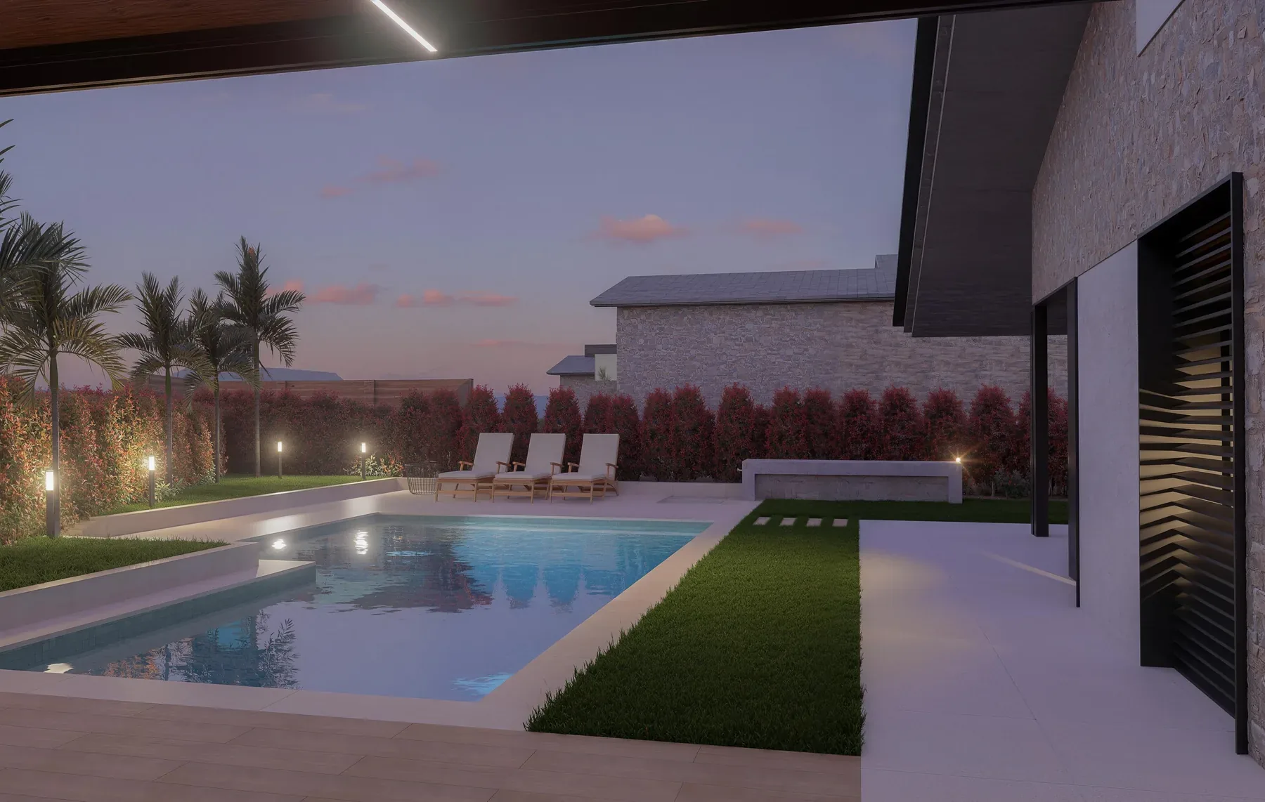 Render 3D nocturno de piscina y jardin iluminado