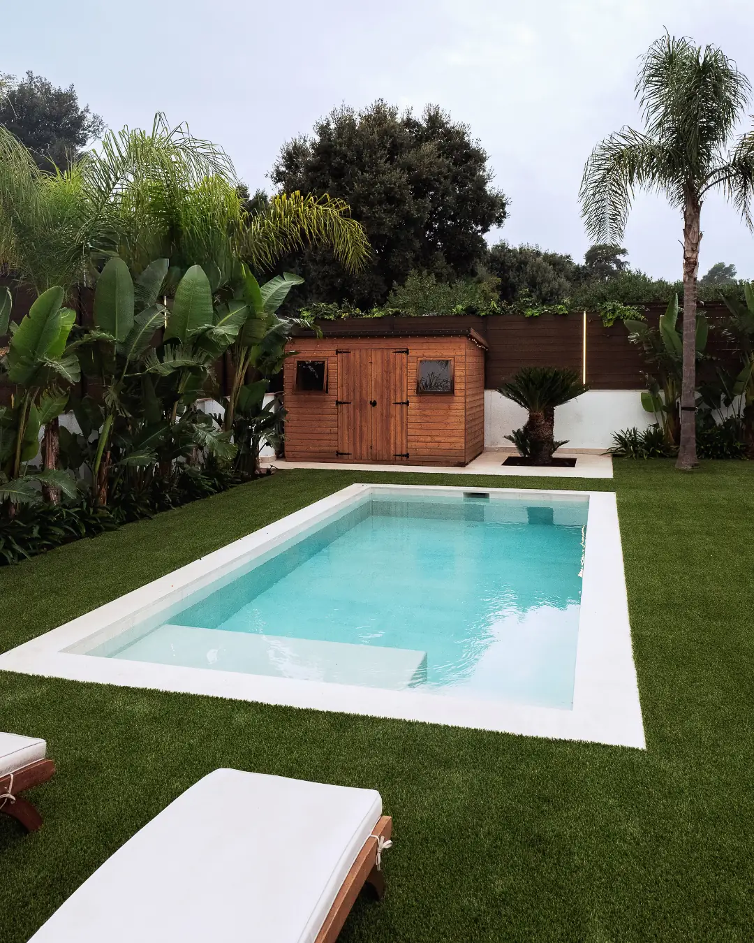 Piscina compacta integrada en jardín tropical con césped