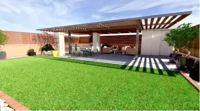 Propuesta 3D de jardín exterior con zona de estar y pavimentos