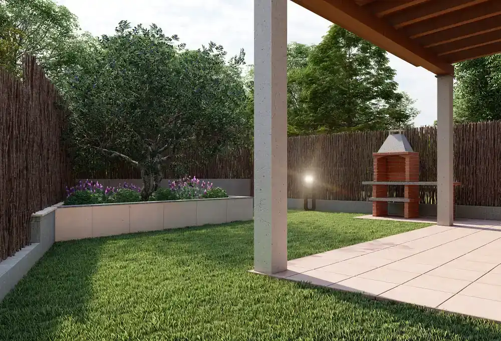 Imagen 3D de exterior residencial con pérgola, vegetación y recorridos