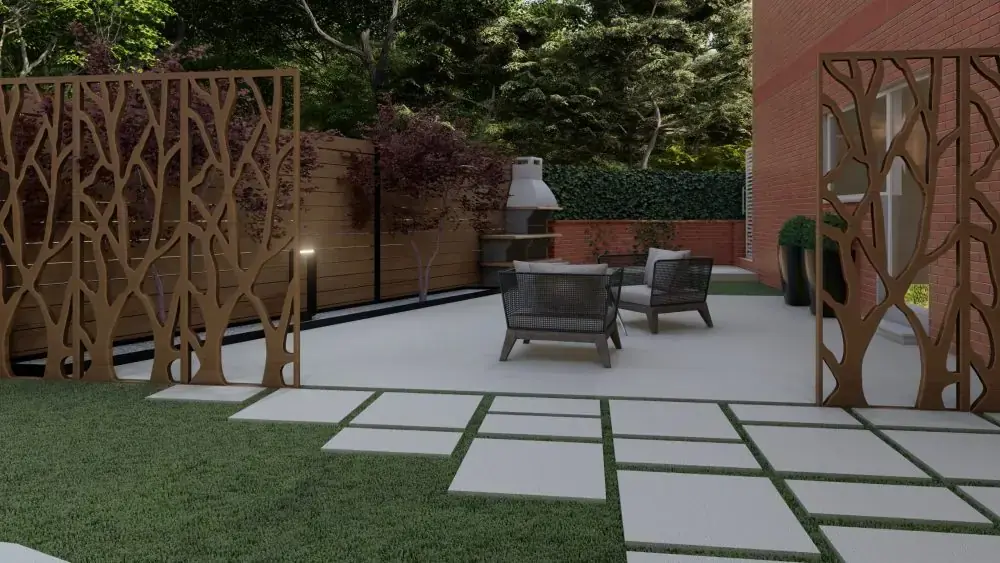 Visualización 3D de distribución de jardín y piscina