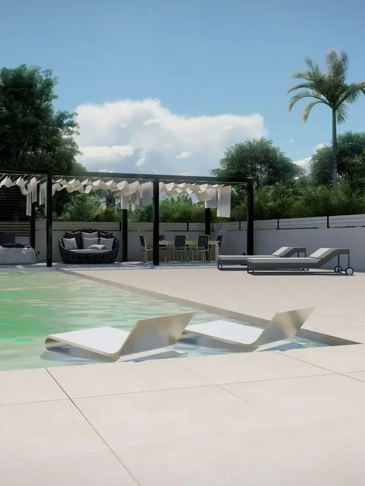 Render de piscina y entorno exterior de alto valor estético