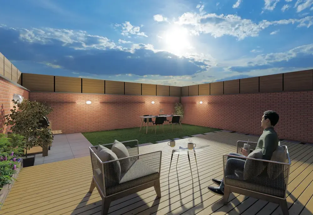 Render 3D de patio residencial en Pedralbes