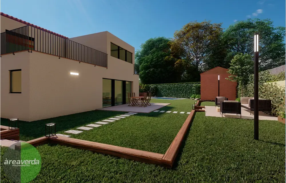 Propuesta 3D de exterior con piscina y zonas de estancia