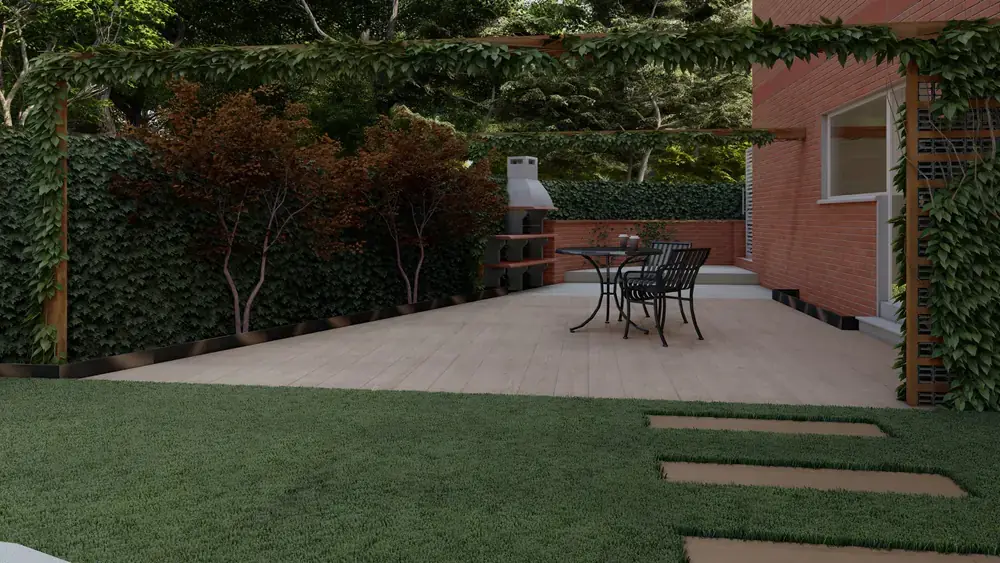 Render de patio exterior con pérgola vegetal y pavimento continuo